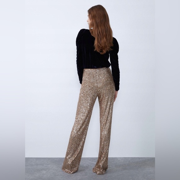 NWT ZARA Champaign Gold Sequins Pants XS - Picture 6 of 7